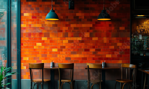 Bold Fiery Orange Brick Wall In A Cozy Café Setting Exuding Vibrant Rustic Industrial Charm