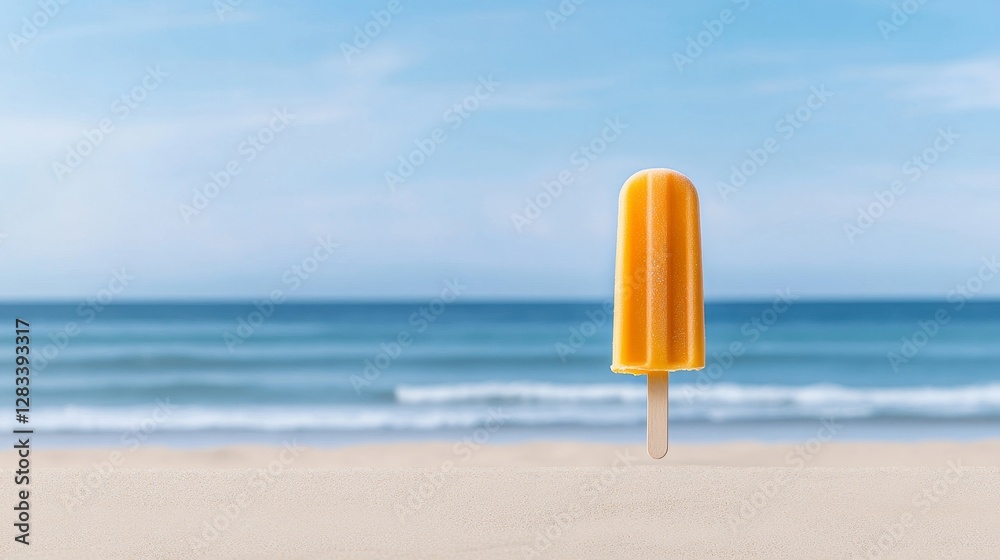 Bright Orange Popsicle on Sandy Beach with Ocean Waves in Background Bright Orange Popsicle on Sandy Beach with Ocean Waves in Background