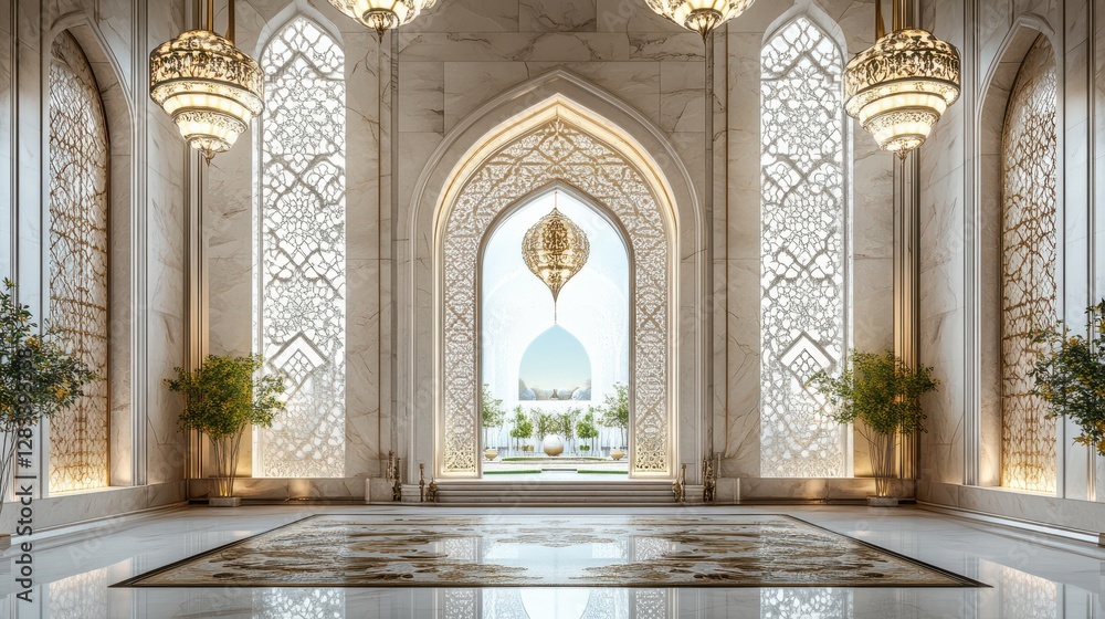 Elegant Atrium with Intricate Arches and Luxurious Chandeliers Elegant Atrium with Intricate Arches and Luxurious Chandeliers