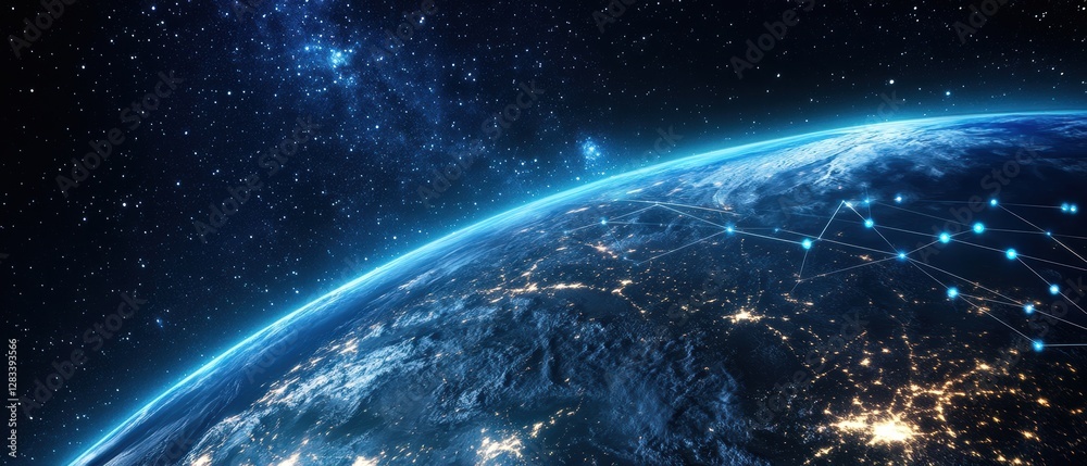 Obraz premium Earth planet view from space with glowing city lights and stars in the night sky showcasing global connectivity, technology, and the universe.