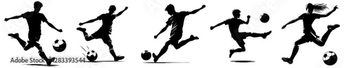 An isolated black vector silhouette of a teenager playing soccer, depicted in action against a plain white background, emphasizing the kick