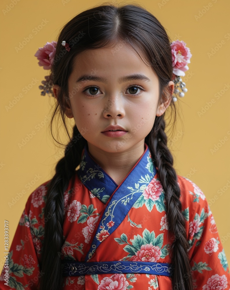 Vietnamese female child in anao dai on close up portrait plain yellow background Vietnamese female child in anao dai on close up portrait plain yellow background