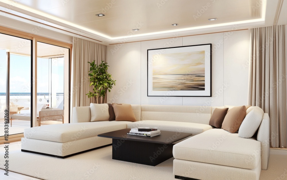 Eclectic modern lounge featuring a modular boucle sectional in warm ivory and taupe, a sleek black metal coffee table, a framed soft toned watercolor seascape Eclectic modern lounge featuring a modular boucle sectional in warm ivory and taupe, a sleek black metal coffee table, a framed soft toned watercolor seascape