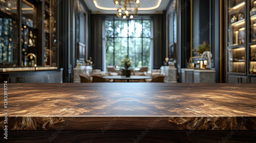 Fototapeta premium Luxury Interior with Granite Countertop and Blurred Background in Classic Style With Elegant Furniture and Ornate Lighting