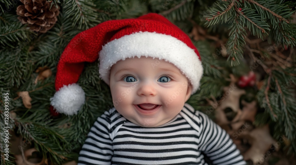 Baby smiling joyfully with Christmas hat surrounded by holiday decorations in cozy winter setting, festive spirit, cute infant portrait, seasonal cheer. Baby smiling joyfully with Christmas hat surrounded by holiday decorations in cozy winter setting, festive spirit, cute infant portrait, seasonal cheer.