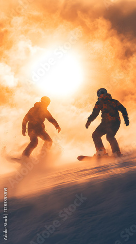 Two snowboarders in action, with the sun shining behind them
