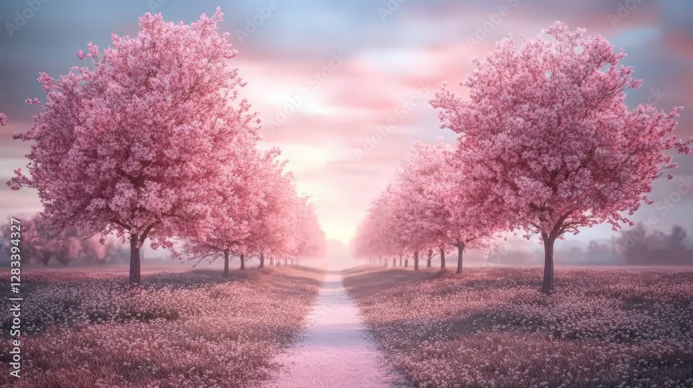 A serene pathway lined with pink flowering trees under a soft, colorful sky. A serene pathway lined with pink flowering trees under a soft, colorful sky.