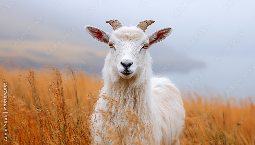 Obraz premium White goat in autumnal field, misty lake background