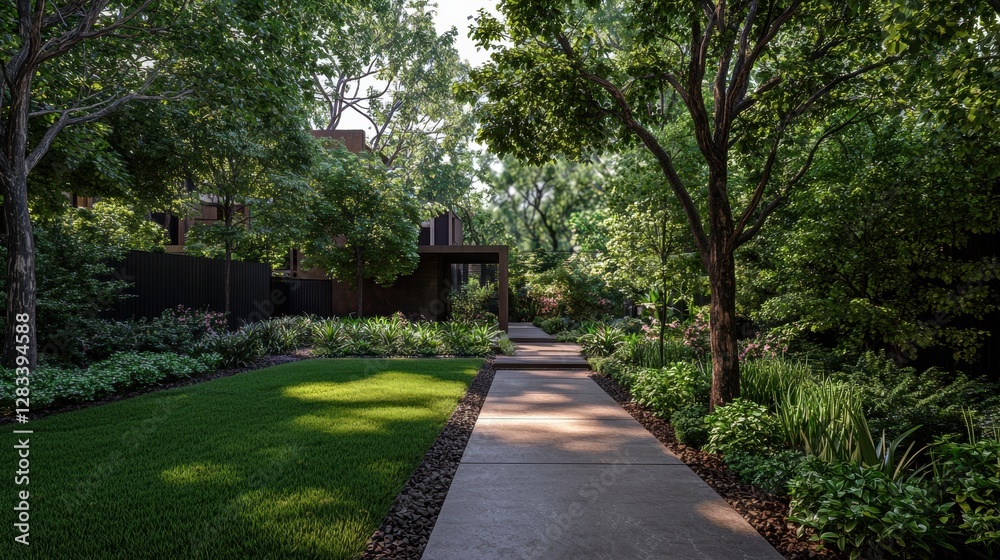 Sustainable Campus Architecture Pathway Surrounded by Lush Greenery and Modern Design Elements Sustainable Campus Architecture Pathway Surrounded by Lush Greenery and Modern Design Elements