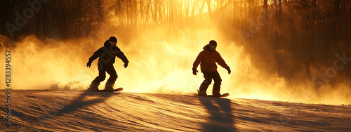 Two snowboarders in action, with the sun shining behind them
