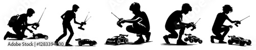 An isolated black vector silhouette of a teenager playing with a remote-controlled car, depicted in action against a plain white background.
