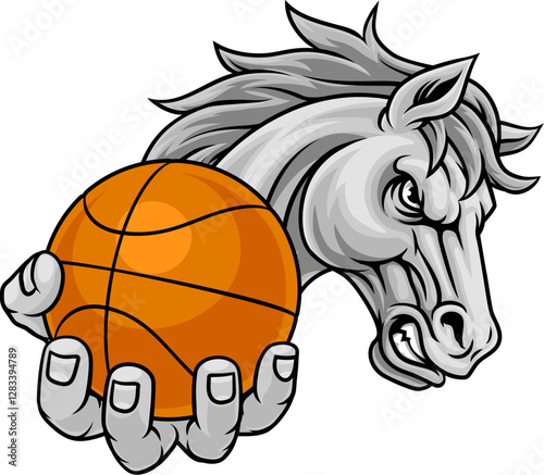 Horse mustang bronco stallion basketball angry sports team mascot holding a ball.
