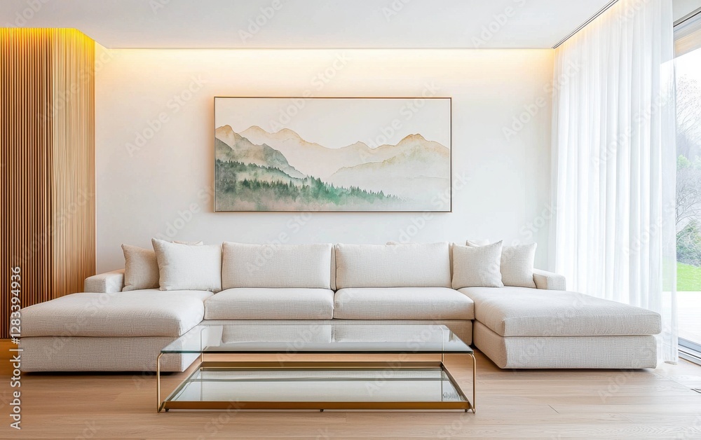 Eclectic living space with a large linen sectional in natural beige and oat tones, a transparent glass coffee table with a brass base, a delicate watercolor Eclectic living space with a large linen sectional in natural beige and oat tones, a transparent glass coffee table with a brass base, a delicate watercolor