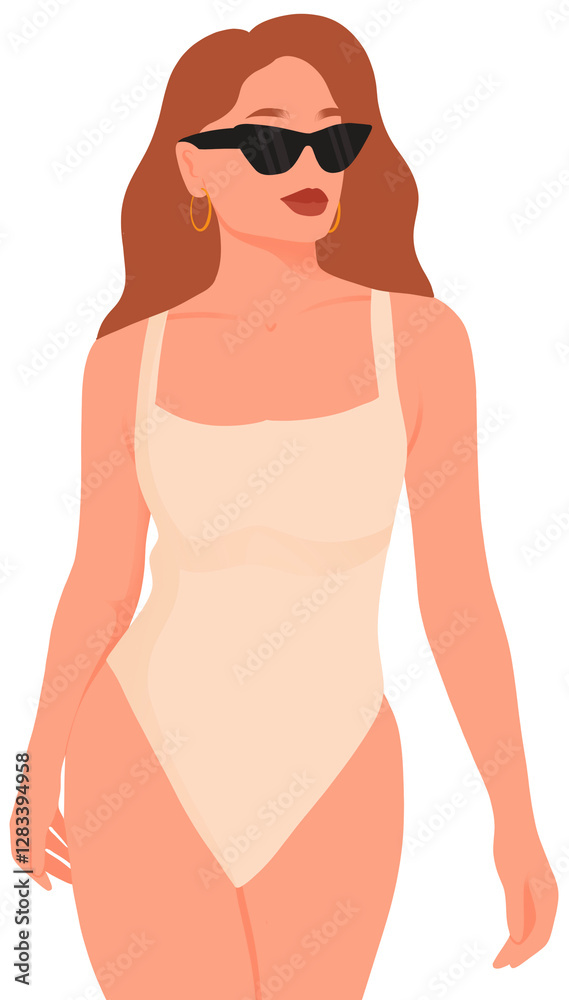 Fototapeta premium Woman in Trendy Swimwear and Sunglasses – Stylish Beach Look Minimalist Illustration