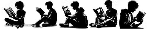 An isolated black vector silhouette of a teenager reading a comic book, shown in a relaxed pose against a plain white background.
