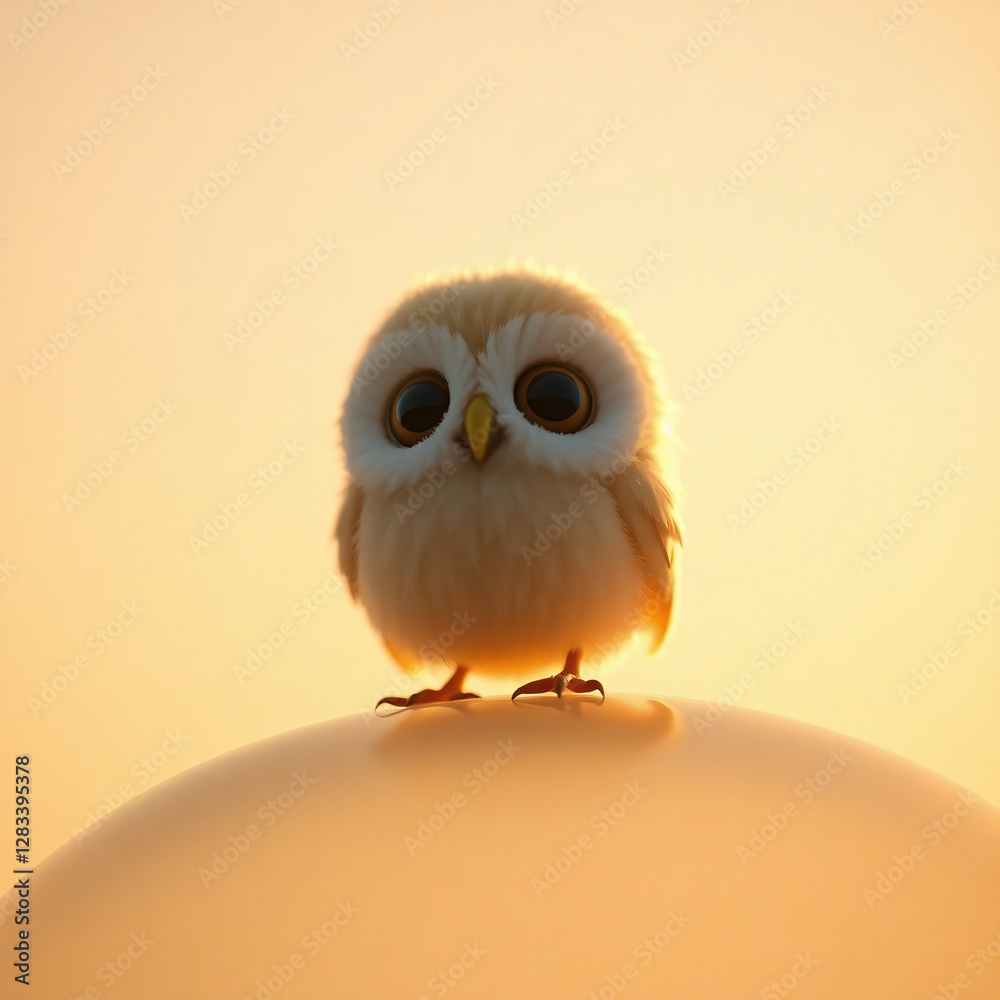 Low angle, warm golden hour light. Fine art photograph: A tiny 3D chibi baby owl, big round eyes, soft fluffy feathers, tiny beak, perched on an invisible surface. Warm pastel tones.