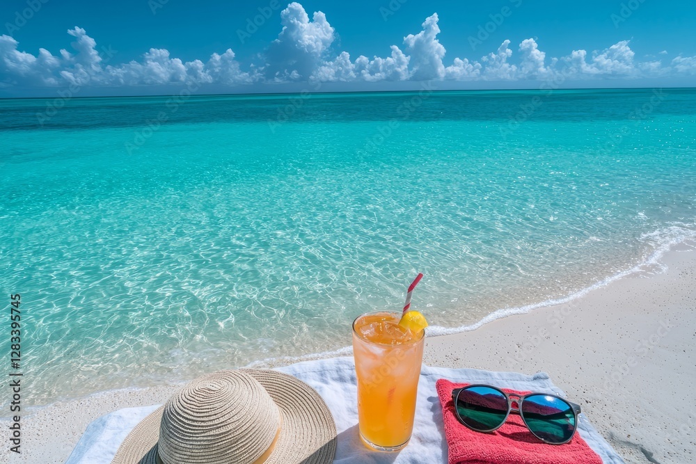 Enjoying a refreshing drink with a sun hat on a beautiful beach under clear blue skies Enjoying a refreshing drink with a sun hat on a beautiful beach under clear blue skies