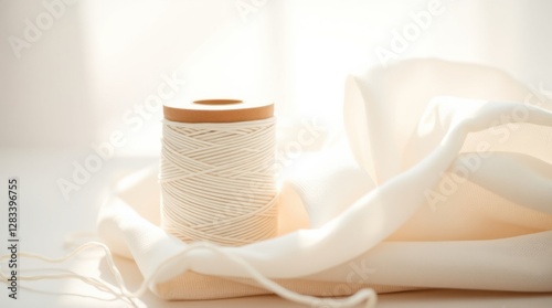 Neutral hued thread spool with off-white textile on white surface, bathed in soft sunlight. photo