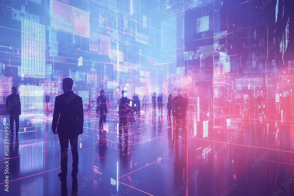 A digital space of the future where business people act as virtual avatars. Interact within the Metaverse, floating holograms. A digital space of the future where business people act as virtual avatars. Interact within the Metaverse, floating holograms.