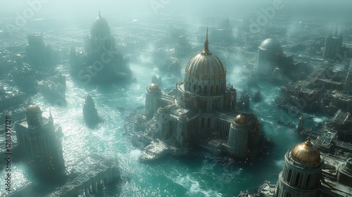 Aerial view of a flooded fantasy city; buildings and waterways; misty background; artwork