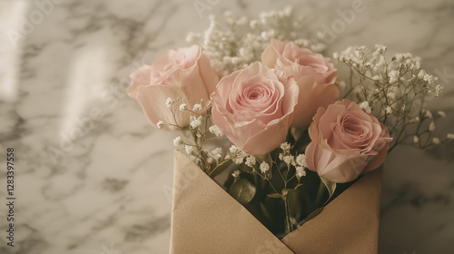 Elegant Pink Roses and Baby's Breath in Envelope on Marble Surface