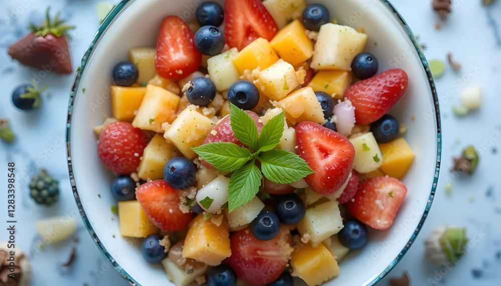 Fresh Fruit Salad with Strawberries, Blueberries, and Mint in Bowl Fresh Fruit Salad with Strawberries, Blueberries, and Mint in Bowl