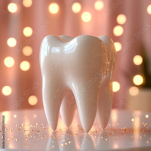 Glossy White Sculpture of a Tooth on a Sparkling Background: Symbolizing Dental Health and Aesthetic Care