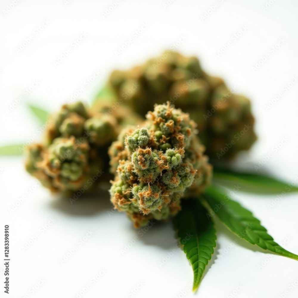 Detail of isolated marijuana flowers and leaves on a white background with a soft focus effect, floral, medicalmarijuana, cannabis Detail of isolated marijuana flowers and leaves on a white background with a soft focus effect, floral, medicalmarijuana, cannabis