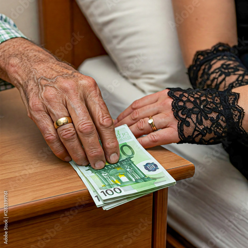 pagamento in contanti con soldi, da un uomo vecchio a una donna giovane photo