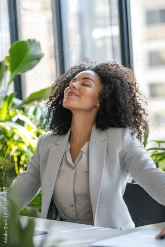 Wallpaper Mural Businesswoman enjoying peace and relaxation in office with plants, practicing mindfulness and stress relief, promoting wellness and productivity in corporate workspace. Torontodigital.ca