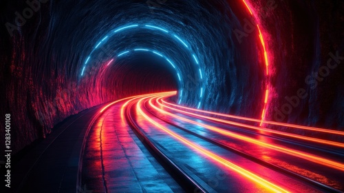 Neon tunnel trackway with light trails photo