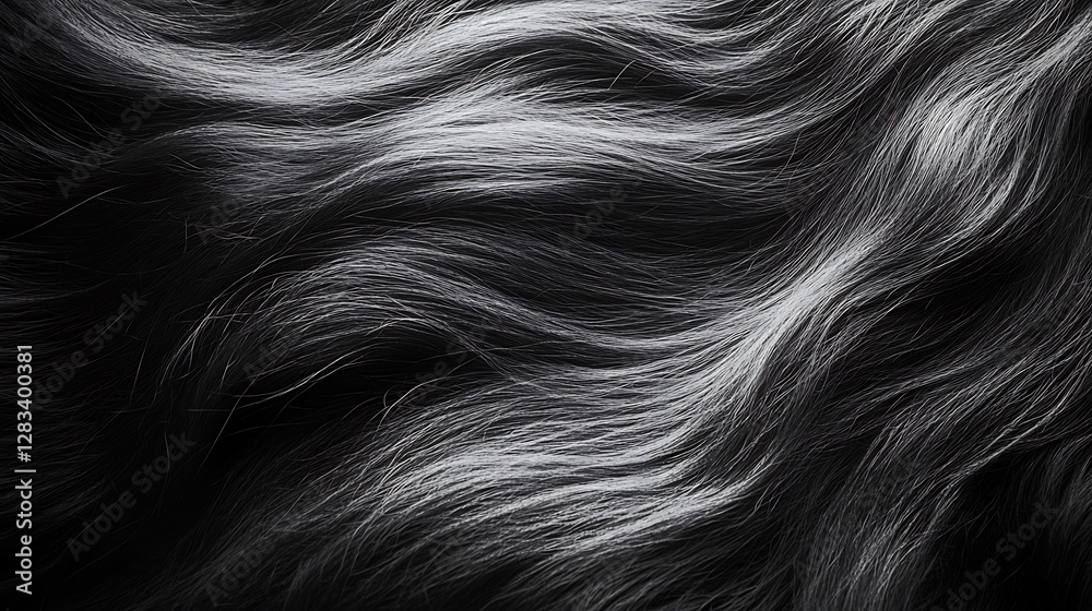 Naklejka premium Monochromatic fur with a gradient from charcoal to light ash gray, sharp macro details of hair strands, silky flowing patterns illuminated by soft diffused light, cinematic framing,