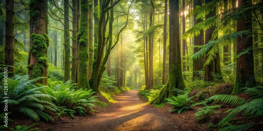 Naklejka premium Forest path winding through dense foliage into a mystical woodland area with tall trees and ferns surrounding the entrance to an enchanted forest , nature trail, hidden path