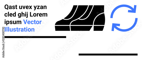 Black silhouette of shoes next to blue circular arrow representing recycling or reuse process. Ideal for sustainability, eco-fashion, recycling, reuse, waste management, eco-friendly practices, flat