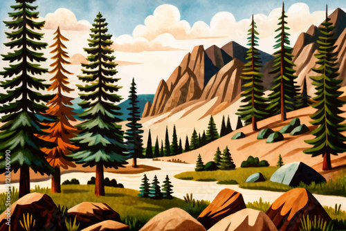 beautiful pine trees in the forest mountains national park with mountains and grass abstract cartoon illustration