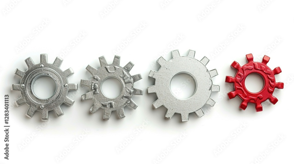 A silver gear set with four gears, three silver and one red, each featuring a smaller metal gear on the outside and larger teeth on the inside for motion connection A silver gear set with four gears, three silver and one red, each featuring a smaller metal gear on the outside and larger teeth on the inside for motion connection