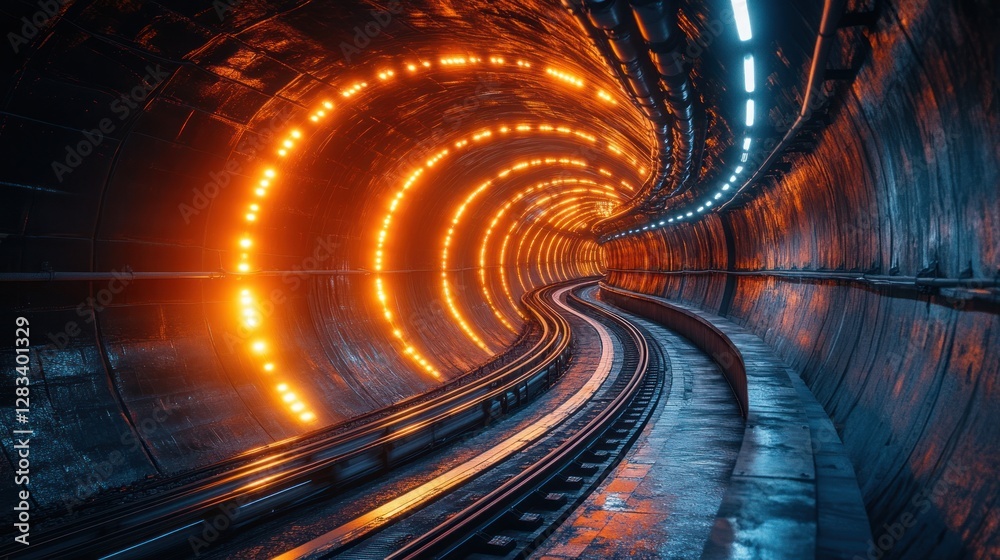 Fototapeta premium Neon tunnel, winding pathway, underground, futuristic city