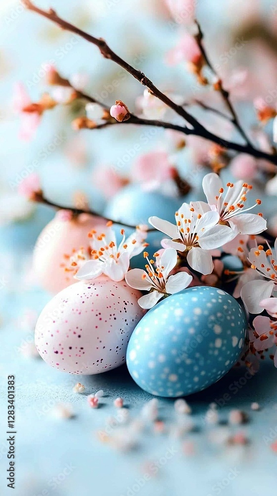 A group of eggs perched atop a table near a flower-laden tree branch A group of eggs perched atop a table near a flower-laden tree branch