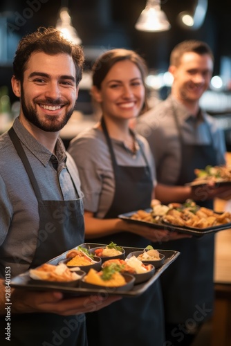 Food service team smiling while holding trays of delicious dishes in a modern restaurant, showcasing culinary skills and teamwork in the hospitality industry.