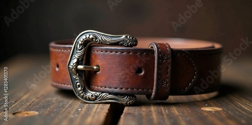 distressed leather belt with intricate metal buckle, western symbols, rodeo decorations, cowboy gear