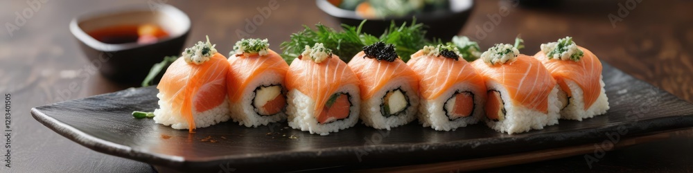 A plate of burned salmon sushi with melted blue cheese and seaweed wraps, burnt offerings, pan seared salmon, oceanic treat A plate of burned salmon sushi with melted blue cheese and seaweed wraps, burnt offerings, pan seared salmon, oceanic treat