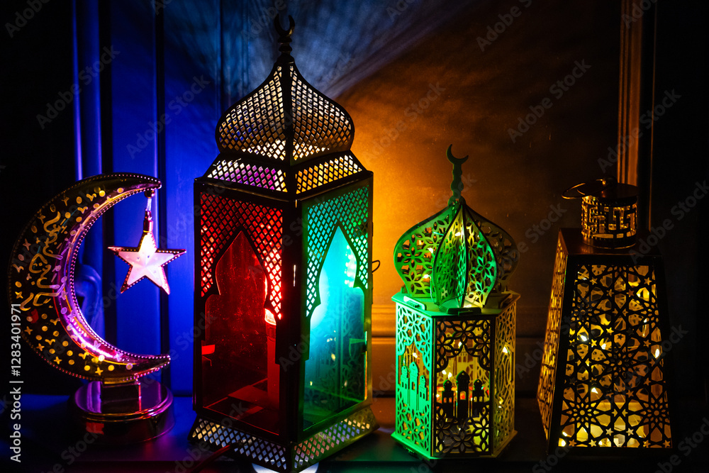 Fototapeta premium Colorful Ramadan Lanterns, Ramadan Month Background Concept Photo, Uskudar Istanbul, Turkiye (Turkey)