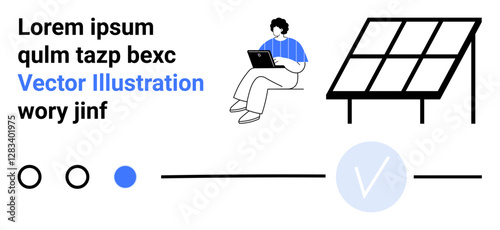 Man sitting with laptop beside solar panel, placeholder text, progress bar, check-mark icon, circles. Ideal for tech innovation, renewable energy, remote work, progress tracking user interface