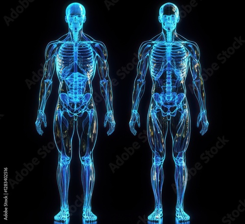 Human Skeletal and Muscular Systems Illustration in Blue Neon Light High Contrast X-ray Rendering