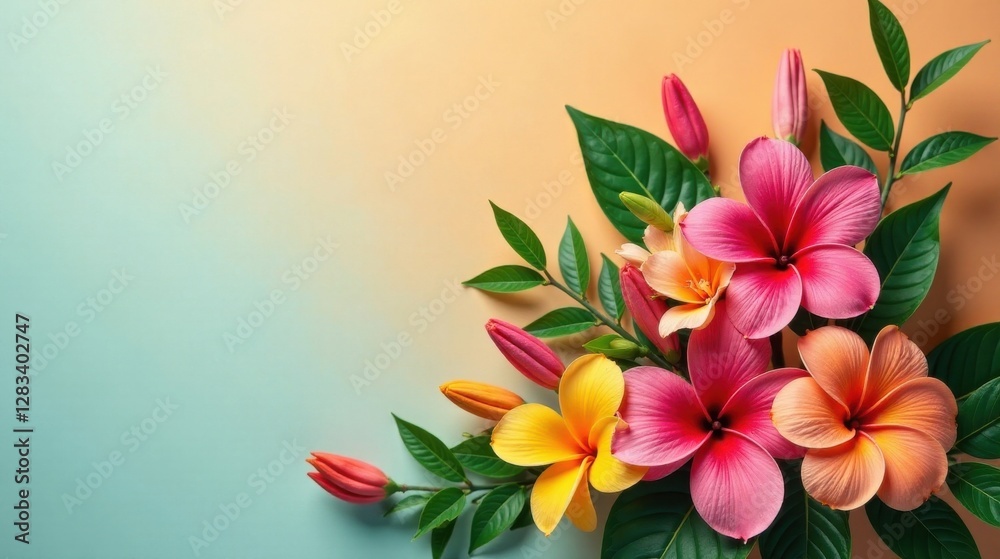 Obraz premium Vibrant Tropical Flowers Arranged in a Corner Composition on a Soft Gradient Background