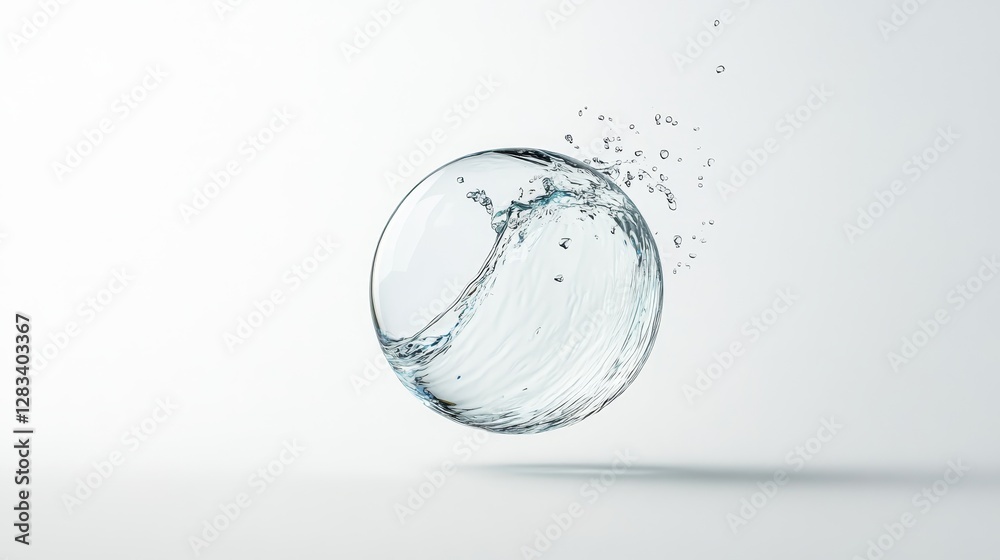 Clear Water Sphere with Dynamic Splash on White Background Clear Water Sphere with Dynamic Splash on White Background