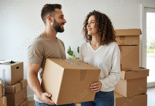 Pareja haciendo mudanza a casa nueva photo