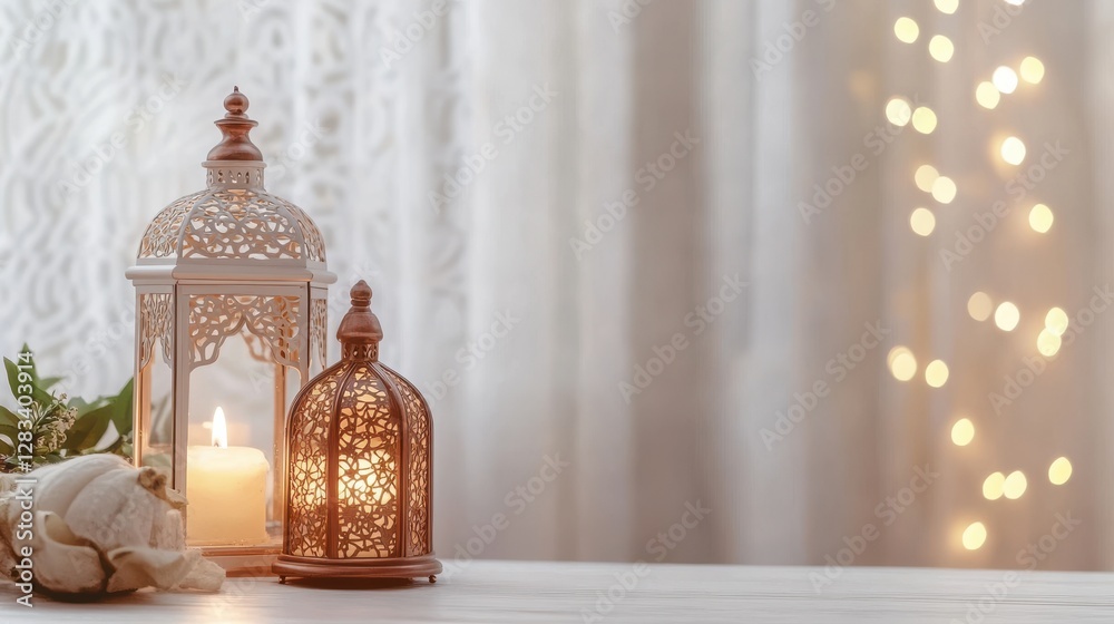 Elegant Decorative Lanterns with Soft Candlelight and Background Bokeh Elegant Decorative Lanterns with Soft Candlelight and Background Bokeh