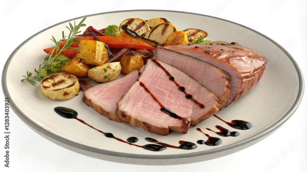 A plate of smoked ham slices served with a side of roasted vegetables and a drizzle of balsamic glaze, meat, balsamic glaze, food, , butchered meat A plate of smoked ham slices served with a side of roasted vegetables and a drizzle of balsamic glaze, meat, balsamic glaze, food, , butchered meat