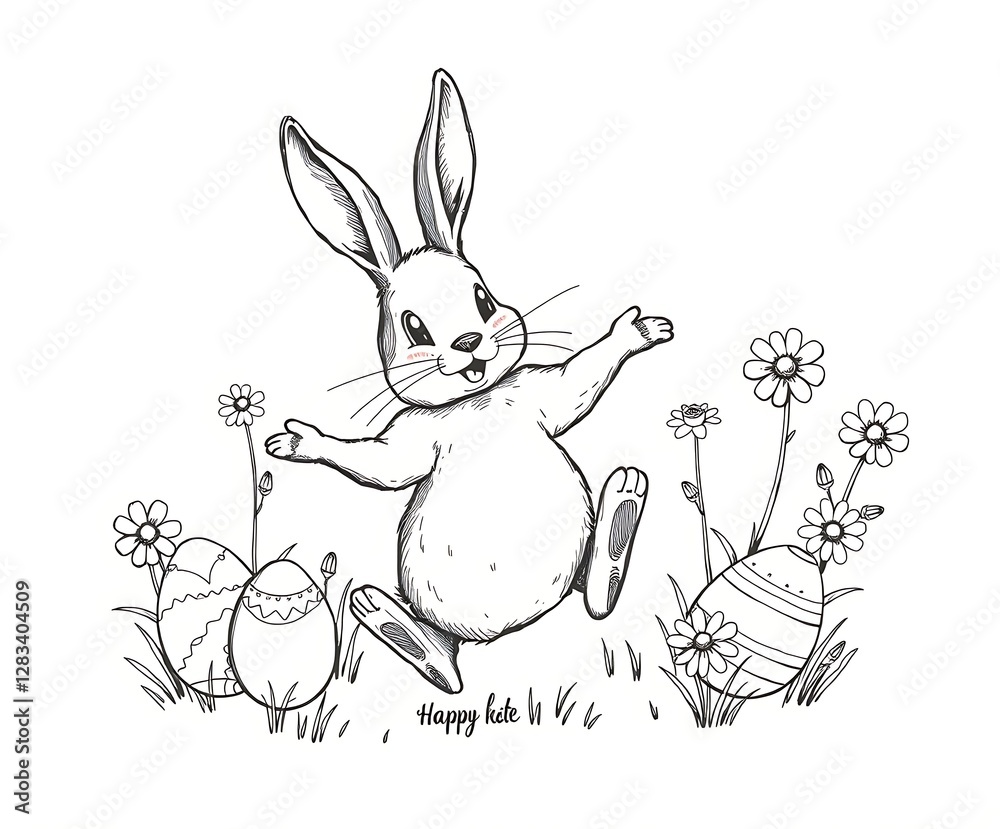 Fototapeta premium Sketch of a Joyful Easter Bunny in Woodcut Style, Generative AI Raster Illustration with Scratchboard Texture